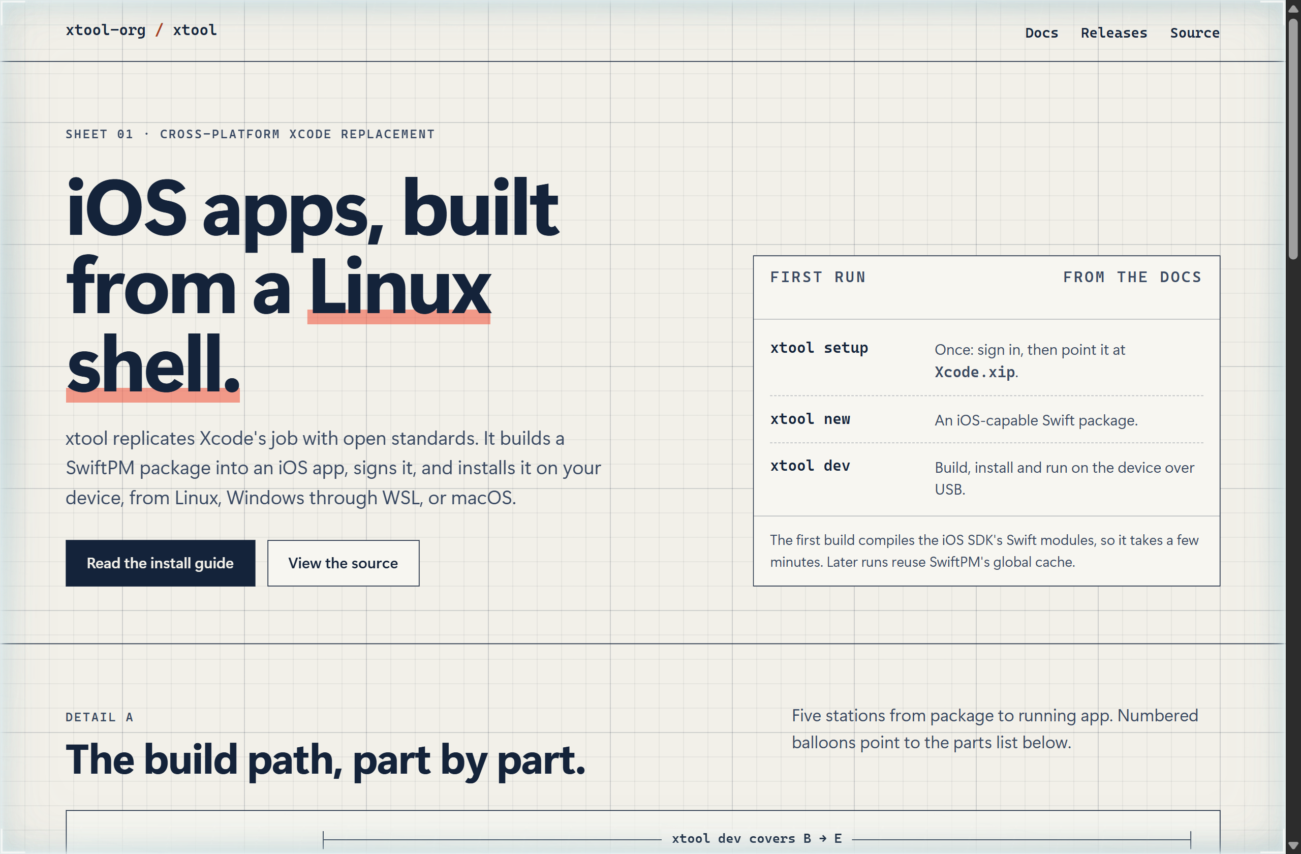 xtool-org/xtool landing-page hero mock, blueprint style